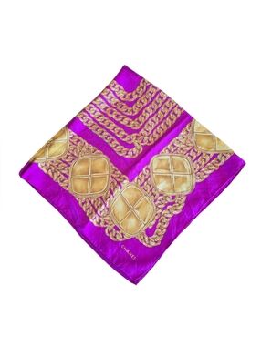 Chanel Vibrant Pink Gold Chain Pattern Vintage Square Silk Scarf